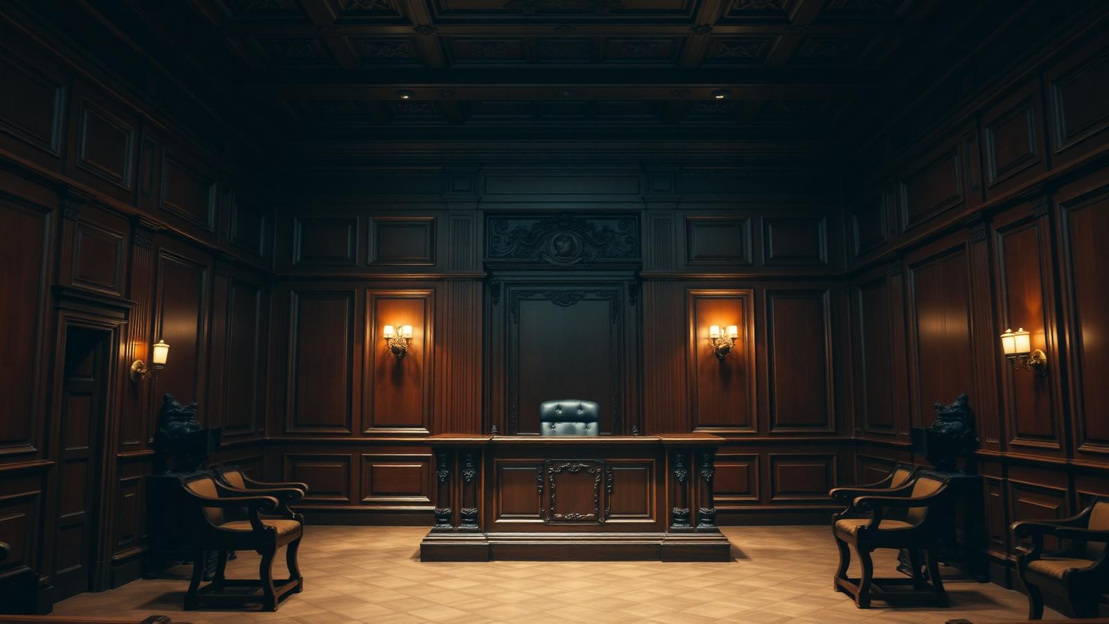 Sala de juicio clásica de madera, defensa penal en Granada